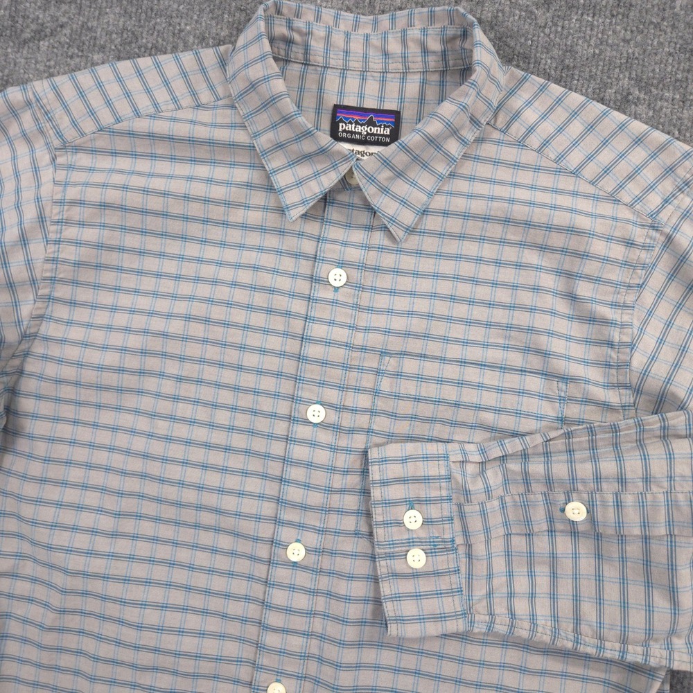 Patagonia Fezzman Shirt Mens XS Gray Blue Plaid Lightweight Long Sleeve Preppy